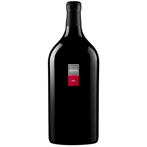 3 Liter Doppelmagnum Rotwein Buio Carignano von Mesa in der bauchigen Flasche mit kleinem rotem Etikett.