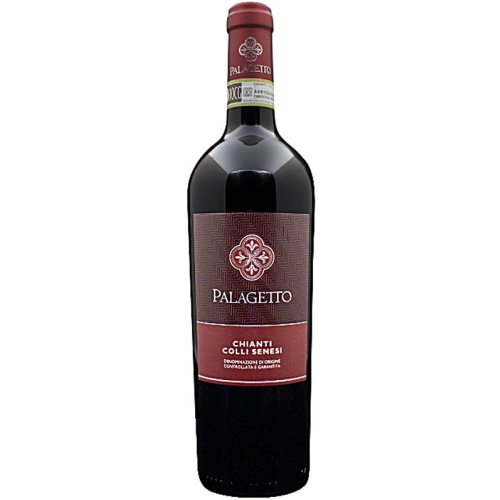 Die Flasche des Bioweins Chianti Colli Senesi DOCG avon Palagetto mit dunkelroten Hintergrund mit goldener Überschrift des Weintitells