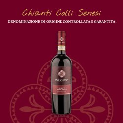 Die Flasche des Bioweins Chianti Colli Senesi DOCG avon Palagetto mit dunkelroten Hintergrund mit goldener Überschrift des Weintitells