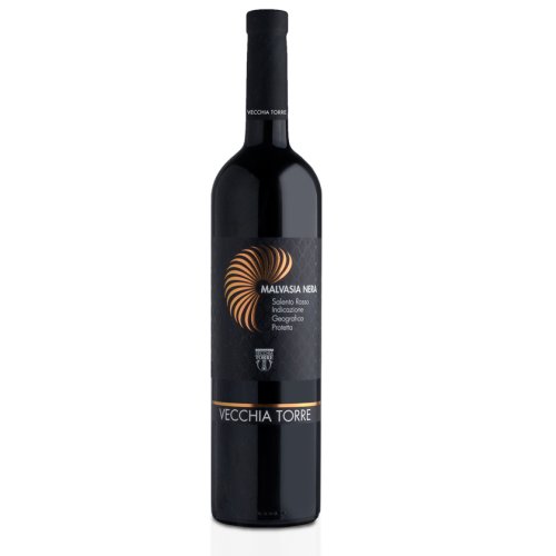 Malvasia Nera Salento Rotwein von Vecchia Torre aus Apulien in Italien. 0,75l Flasche mit dunkelrotem Wein.