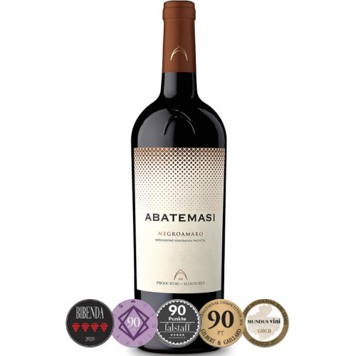 Negroamaro Abatemasi Rotwein von Produttori-di-Manduria aus Apulien in der 0,75 Liter Flasche mit Awards