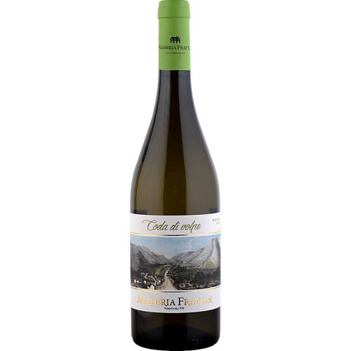 Coda di Volpe I.G.P. Beneventano - Ein Weißwein von Masseria Frattasi aus Kampanien in der 0,75 Liter Flasche mit einem Bild auf dem Etikett der Gegend, wie es um das 18 Jahrhundert herum ausgesehen hat. Ein Dorf, eingebettet in eine Hügellandschaft.